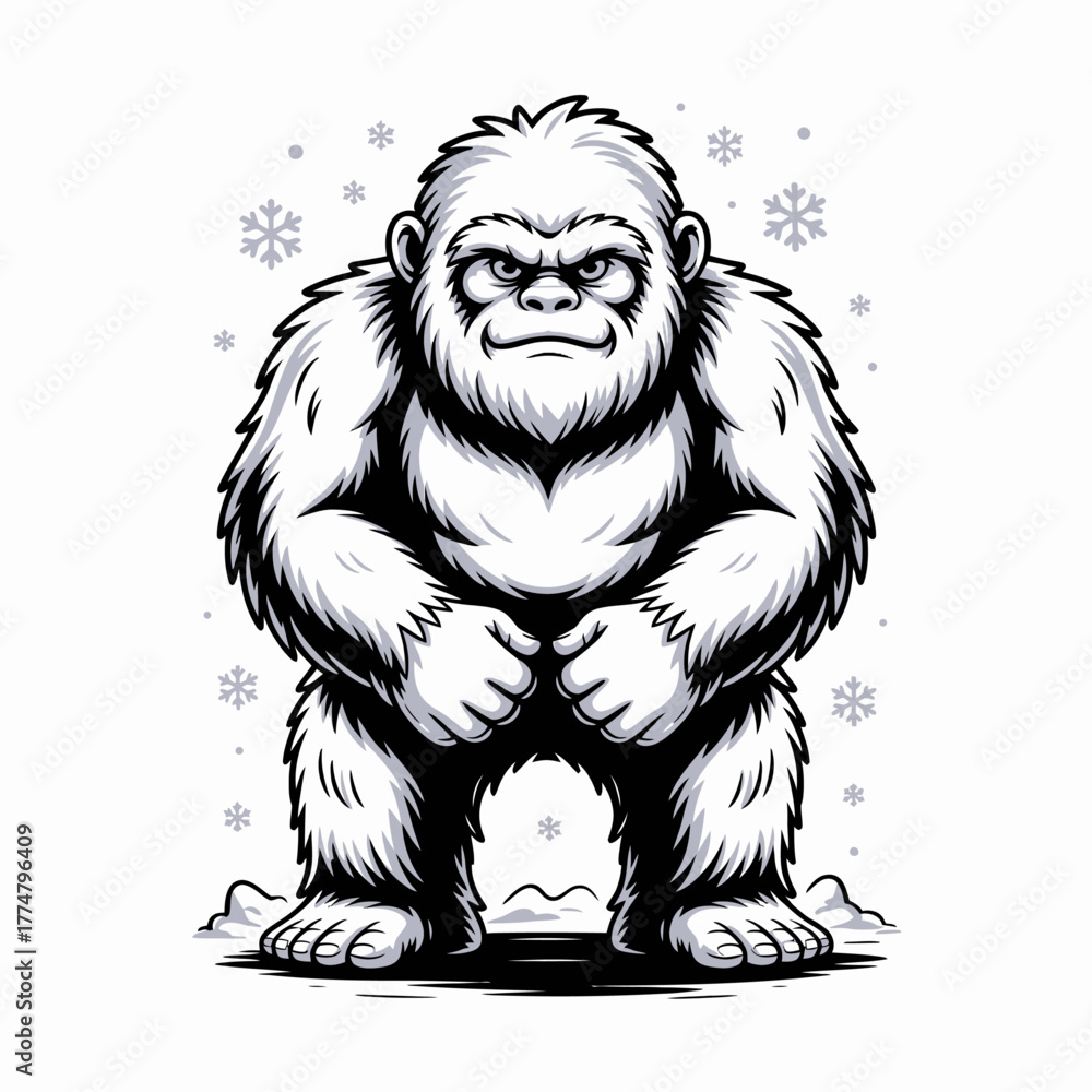 Obraz premium Fierce Yeti or Abominable Snowman with Blue Eyes in a Snowy Environment, a Mythical Creature Illustration