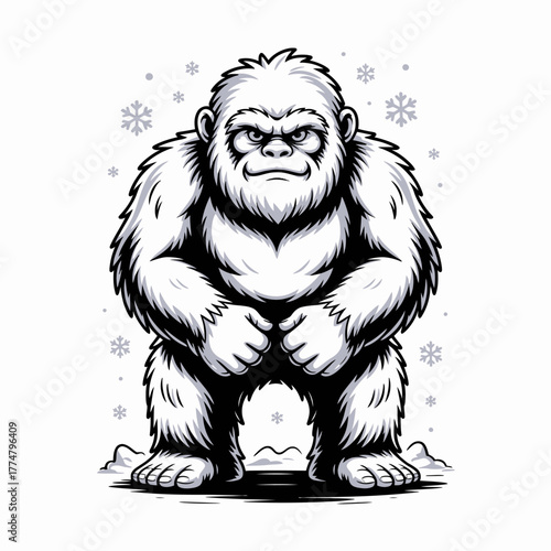 Fierce Yeti or Abominable Snowman with Blue Eyes in a Snowy Environment, a Mythical Creature Illustration