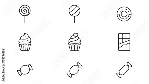 SugarSketch Line Icons-line-style icon set featuring various sweets — lollipops, donuts, cupcakes, chocolate bars, and candies — drawn with smooth vector outlines