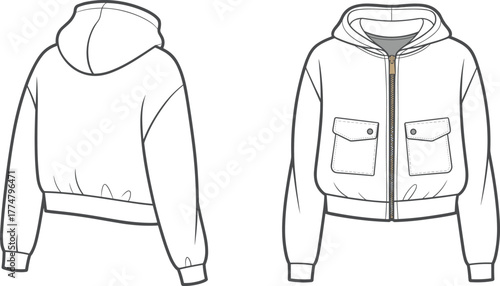 Hooded jacket fashion illustration, technical flat sketch, front and back view, zipper closure, flap chest pockets, ribbed cuffs, waistband design