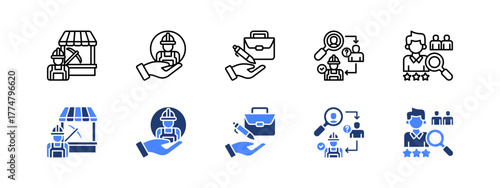 Labor market, Employment, Job creation, Hiring process, Talent acquisition with two styles, line and duotone icon.