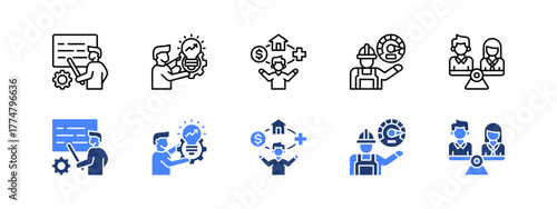 Training program, Skill development, Employee benefits, Performance, Equal opportunities with two styles, line and duotone icon.