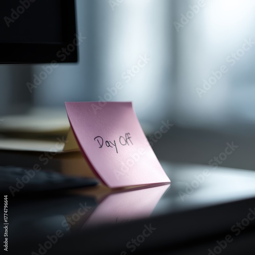 Sticky note reading Day Off on monitor, relaxation concept,