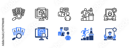 Recruitment, Job search, Interview, Career path, Apprenticeship with two styles, line and duotone icon.