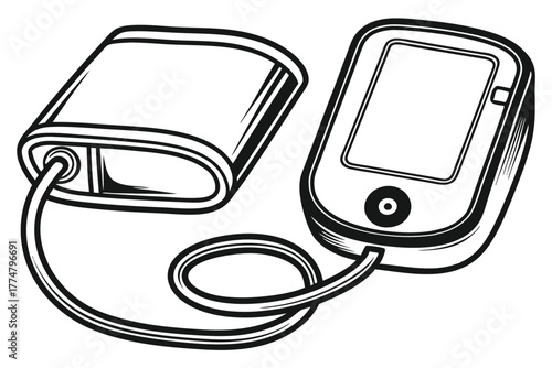 A line art illustration shows a blood pressure monitor displaying cardiovascular information