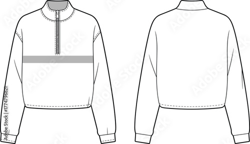 Pullover fashion illustration, technical flat sketch, front and back view, half zip collar, chest band detail, ribbed cuffs, long sleeve