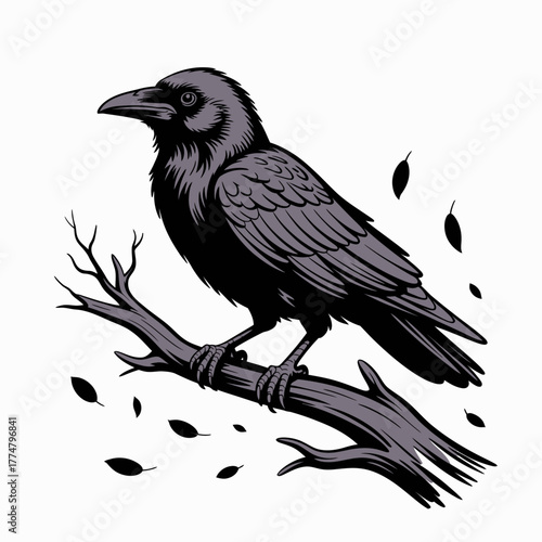 Melancholy Crow Perched on a Barren Tree Branch with Falling Leaves, Atmospheric Black and Grey Vector Illustration of a Gothic Raven