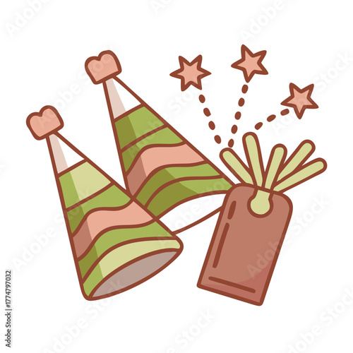 Cute cartoon party hats and a party popper with stars isolated on white background