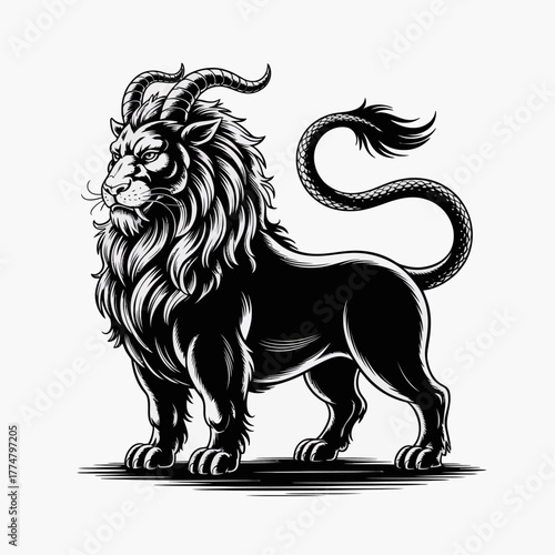 Fierce Mythological Chimera Beast with Lion's Body, Goat Horns, and Serpent Tail Black and White Vector Illustration. Ancient Greek Fantasy Monster.