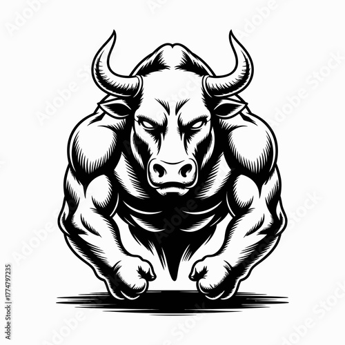Aggressive Muscular Bull Head Facing Front Strong Black and White Vector Illustration