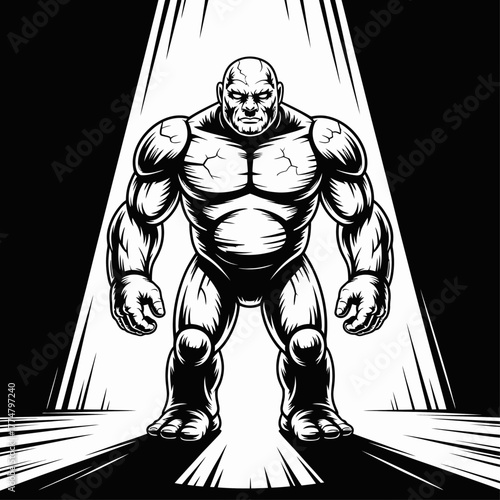 Powerful Muscular Bald Man Standing Under Spotlight Intense Black and White Vector Illustration