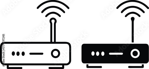 Wireless internet router icons representing WiFi connectivity and network signal strength or Vector Silhouette. .eps
