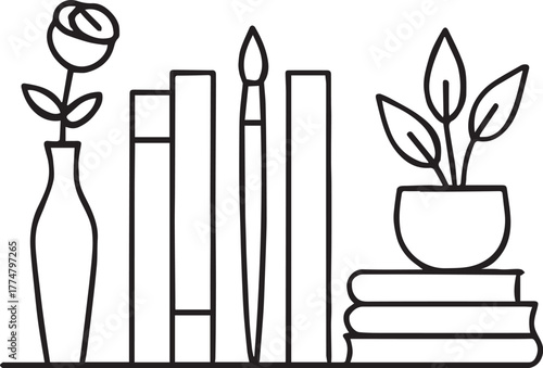 Creative shelf icon in black line style with books, rose, paintbrush, and plant for art, literature, and lifestyle themes