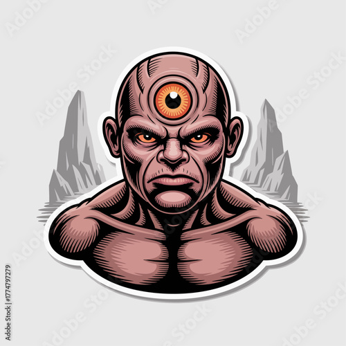 Angry One-Eyed Cyclops Monster Vector Illustration with Third Eye, Fierce Alien Character for Sci-Fi Gaming and Fantasy