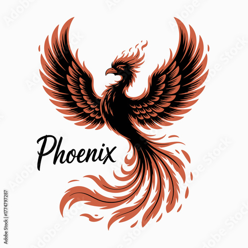 Majestic Phoenix Rising Vector Illustration with Fiery Wings and Tail, Symbol of Rebirth and Strength