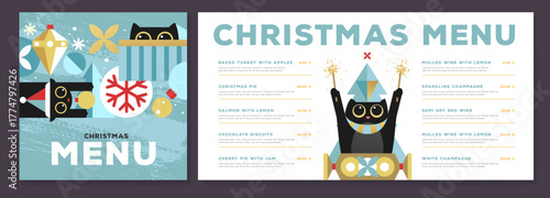 Restaurant Christmas holiday flat menu design with funny cats on blue background. Vector illustration