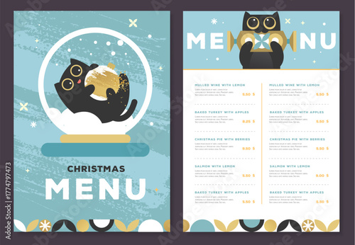 Restaurant Christmas holiday flat menu design with funny cats on blue background. Vector illustration