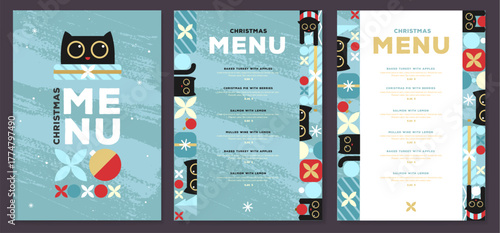 Restaurant Christmas holiday flat menu design with funny cats on blue background. Vector illustration