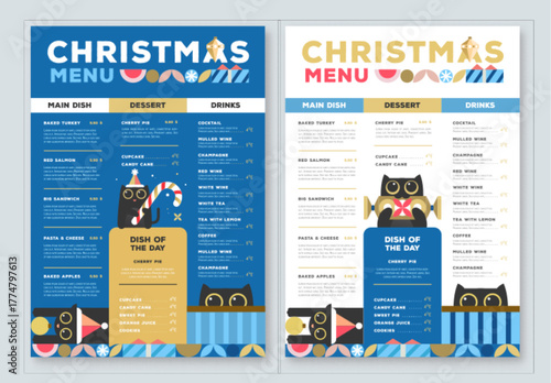 Restaurant Christmas holiday flat menu design with funny cats on blue background. Vector illustration