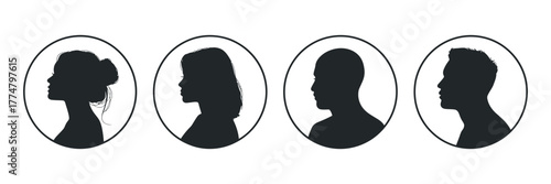 Collection of human head silhouettes in circular frames — vector graphic icons representing user profiles, social media avatars, people identification, and communication interface design elements.