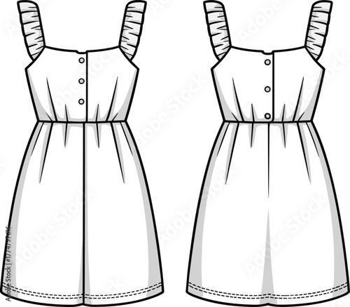 Sleeveless dress fashion illustration, technical flat sketch, front view, ruffle straps, square neckline, button front bodice, gathered waist, flared skirt