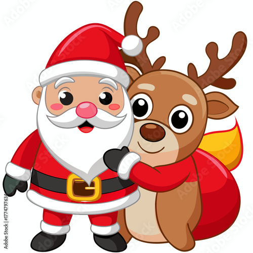 Magical Christmas moment with Santa hugging his reindeer companion on white background