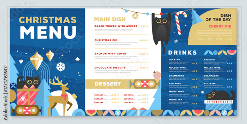 Restaurant Christmas holiday flat menu design with funny cats on blue background. Vector illustration