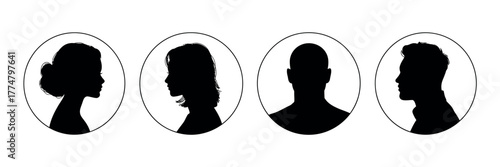 A set of four black silhouette profile icons showing anonymous male and female heads in circles for user avatars. EDITORIAL USE ONLY