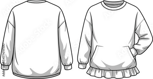 Sweatshirt dress fashion illustration, technical flat sketch, front and back view, kangaroo pocket, ruffle hem, long sleeve, crew neckline