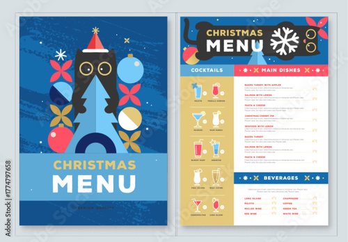 Restaurant Christmas holiday flat menu design with funny cats on blue background. Vector illustration