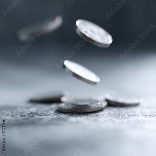 Falling coins frozen mid-air, economic uncertainty concept,