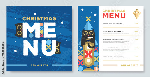 Restaurant Christmas holiday flat menu design with funny cats on blue background. Vector illustration