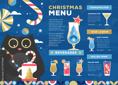 Restaurant Christmas holiday flat menu design with funny cats on blue background. Vector illustration