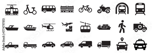 Transport glyph icon set. Vector pictograms of airplane, helicopter, boat, ferry, cargo, ship, motorcycle, bicycle, tram, subway, metro, black sign silhouette illustration. vector eps file.
