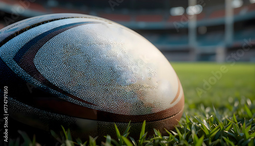 Rugby ball on grass with outdoor sports feel, contrasting ball texture and natural grass surface, symbolizing recreation, athletic lifestyle and casual outdoor play