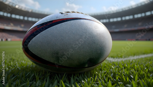 Rugby ball on grass in stadium with bright field surface and sports environment, symbolizing competition, strength, athletic focus and outdoor stadium energy