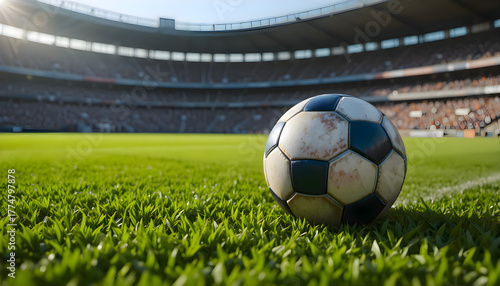 Soccer ball in the middle of a field with natural turf and open outdoor sports atmosphere, symbolizing team competition, athletic activity and active lifestyle