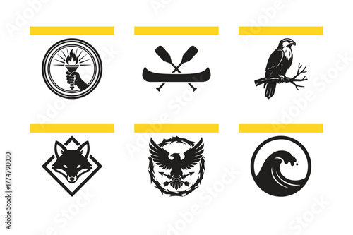 Collection of diverse monochrome symbols including torch canoe eagle fox design