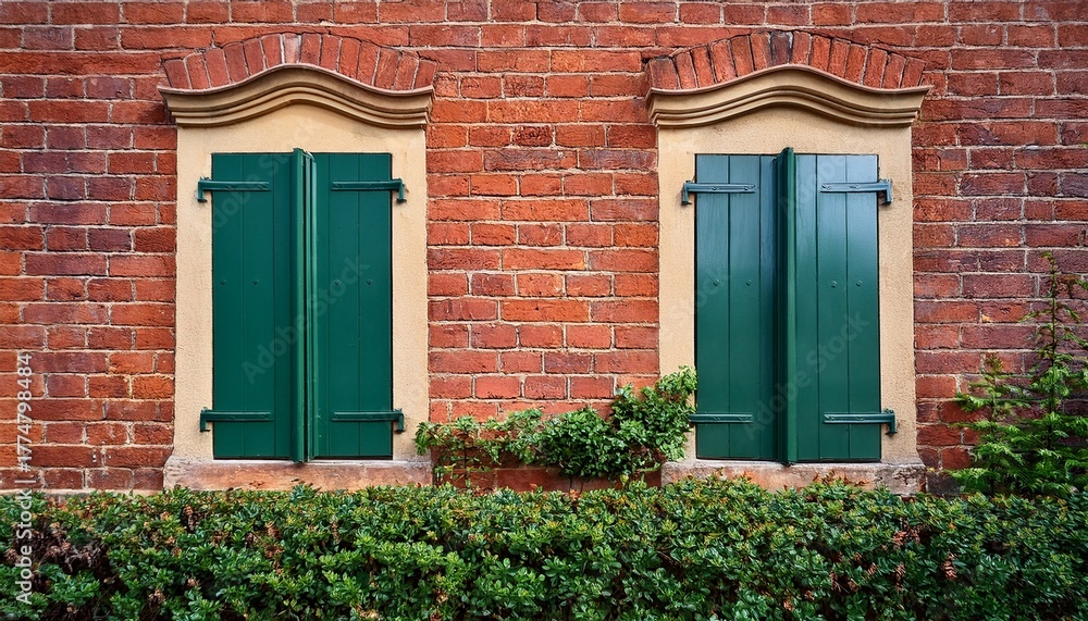 Obraz premium two vintage green wooden windows on rustic red brick wall with plants growing below symbolizing classic architecture natural harmony and charming countryside home design