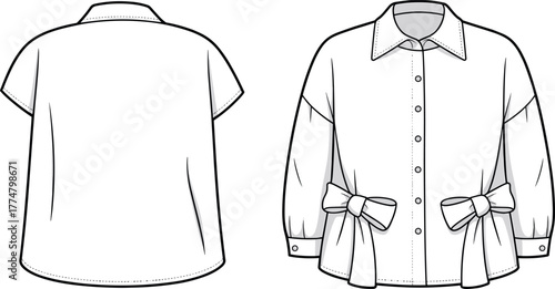 Women blouse fashion, short sleeve top, long sleeve shirt, button down blouse, collar design, bow detail, garment flat sketch, apparel illustration