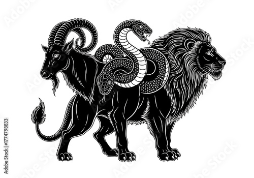 Canvas Print Mythological chimera creature with lion goat and snake body parts