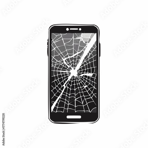 Smartphone with cracked screen illustration on white background damage concept