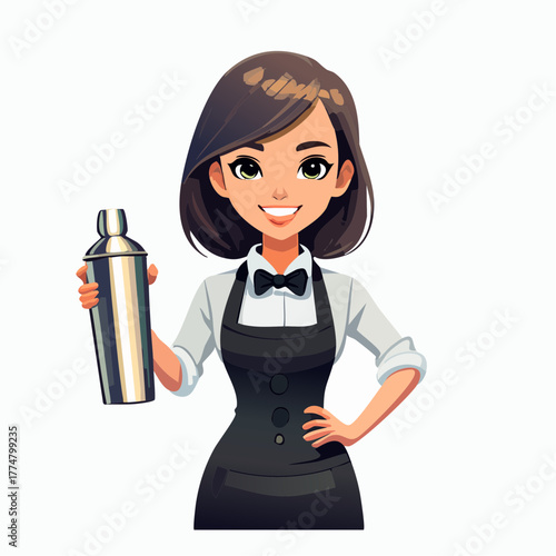 Smiling bartender holding cocktail shaker cartoon illustration
