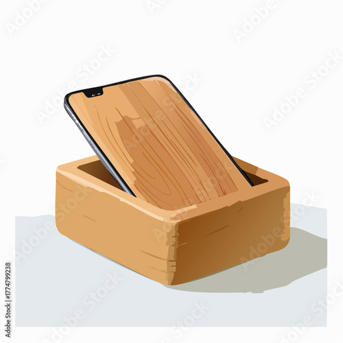 Smartphone with wooden texture design inside a simple box concept