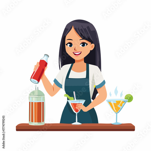 Smiling bartender preparing cocktails with liquids and glasses