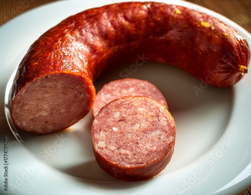 juicy sausage cut open on white plate close up food photography with natural daylight