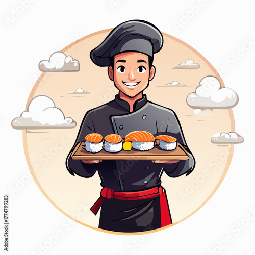 Smiling chef holding sushi platter with clouds and orange background