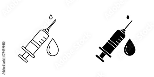 Syringe with drop of liquid, icon and silhouette