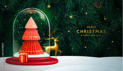 Holiday Christmas background with 3d glass ball, golden deer and emerald green Christmas tree texture. Vector illustration