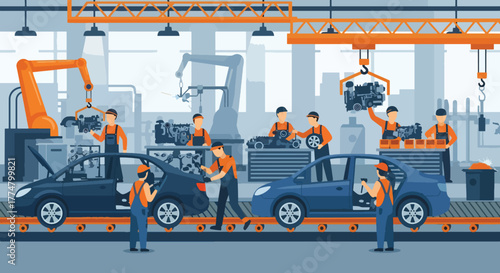 Flat vector of automotive assembly line with workers and robots, industrial production and technology concept